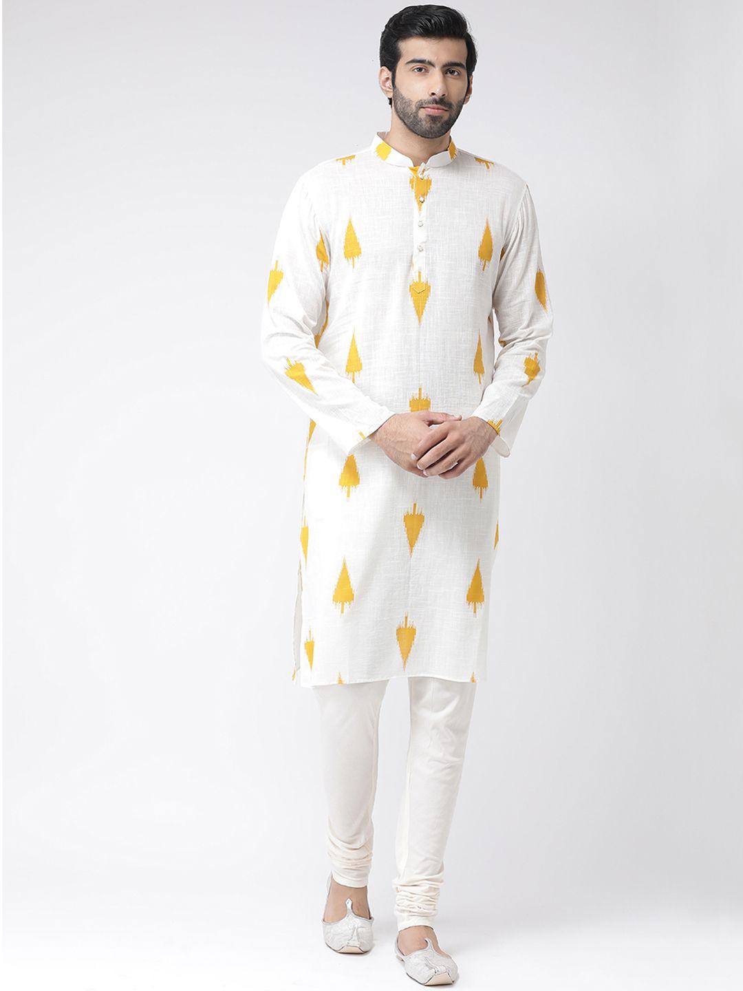 kisah men white & yellow printed straight kurta