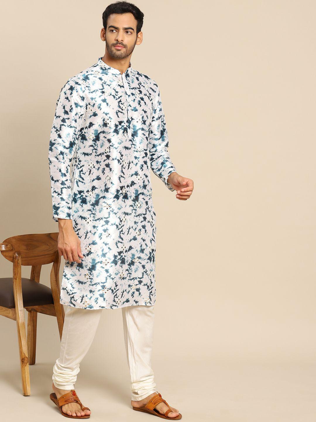 kisah men white dyed mirror work kurta with churidar