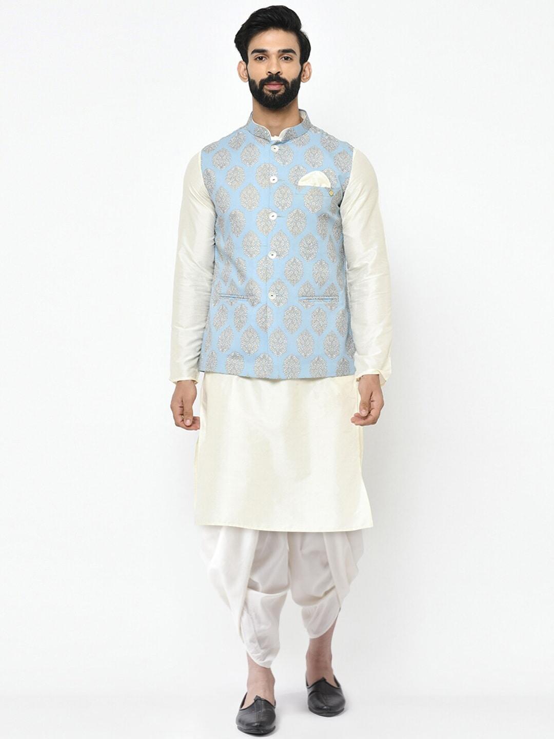 kisah men white ethnic motifs kurta with dhoti pants