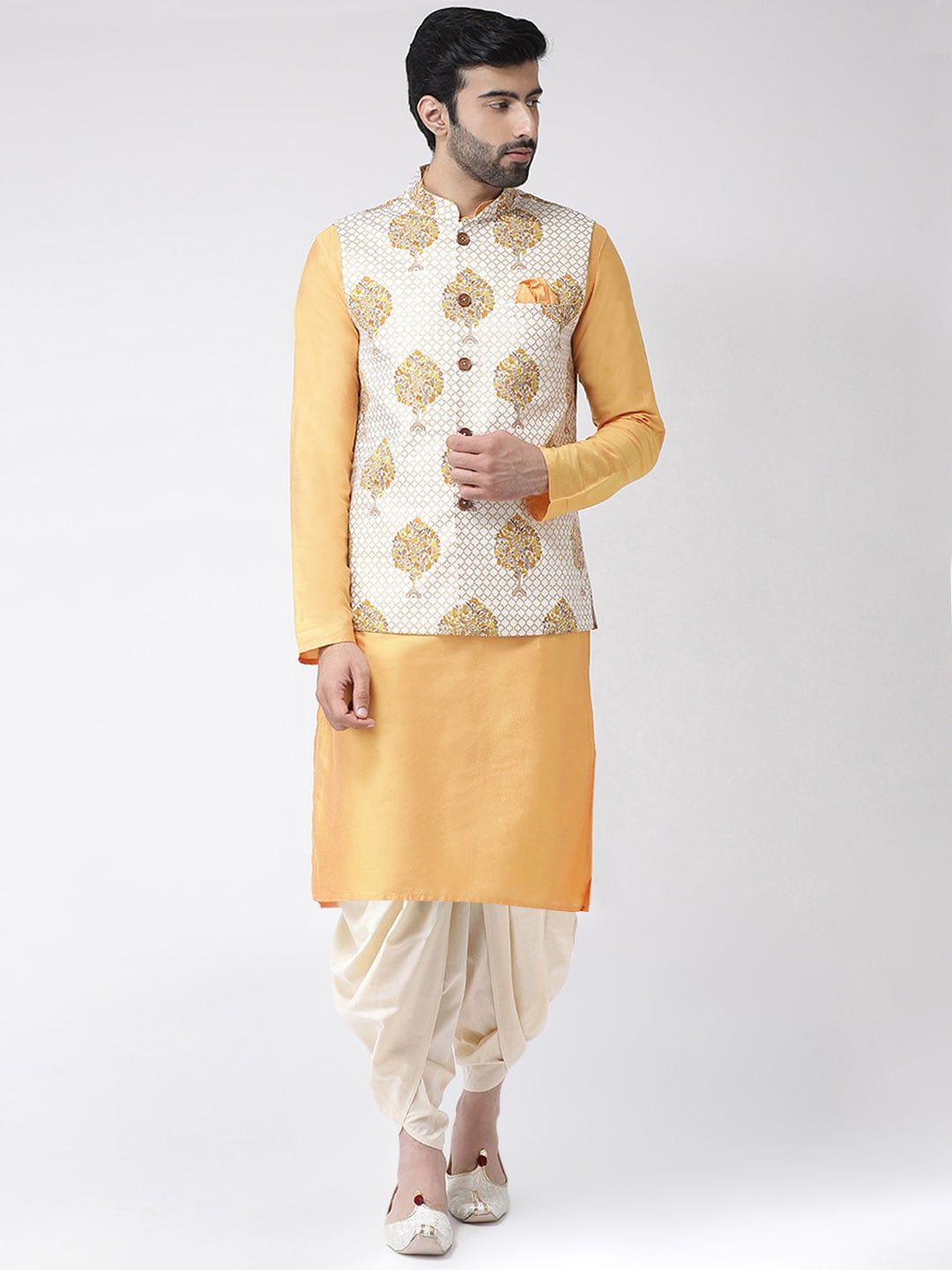kisah men white ethnic motifs layered kurta with dhoti pants & nehru coat