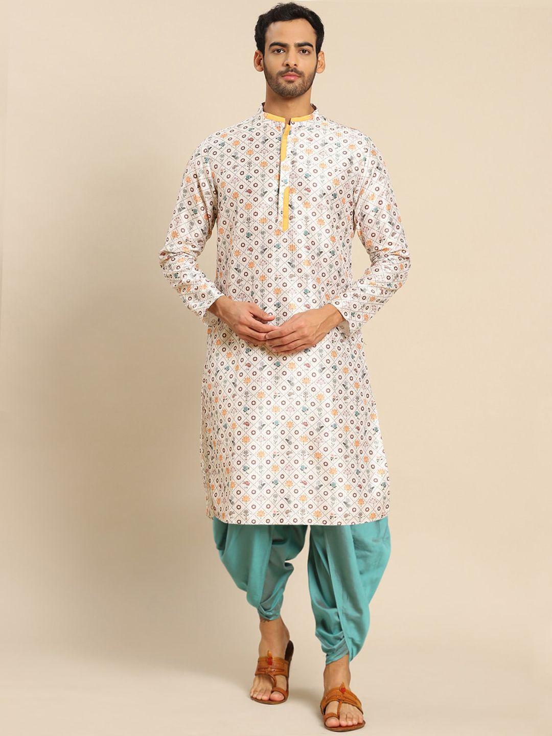 kisah men white ethnic motifs panelled kurti with dhoti pants