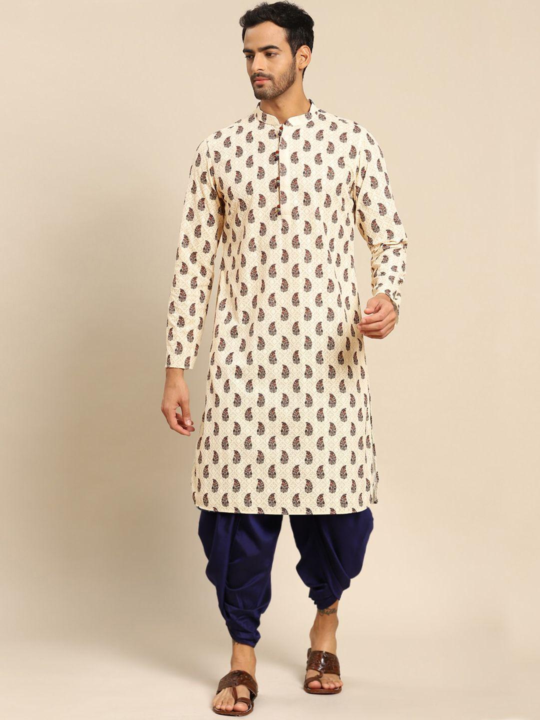 kisah men white ethnic motifs printed empire kurta with dhoti pants