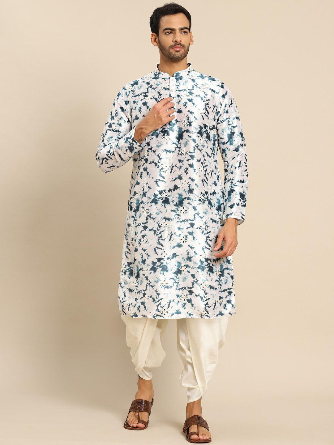 kisah men white floral printed cotton blend kurta with dhoti pants