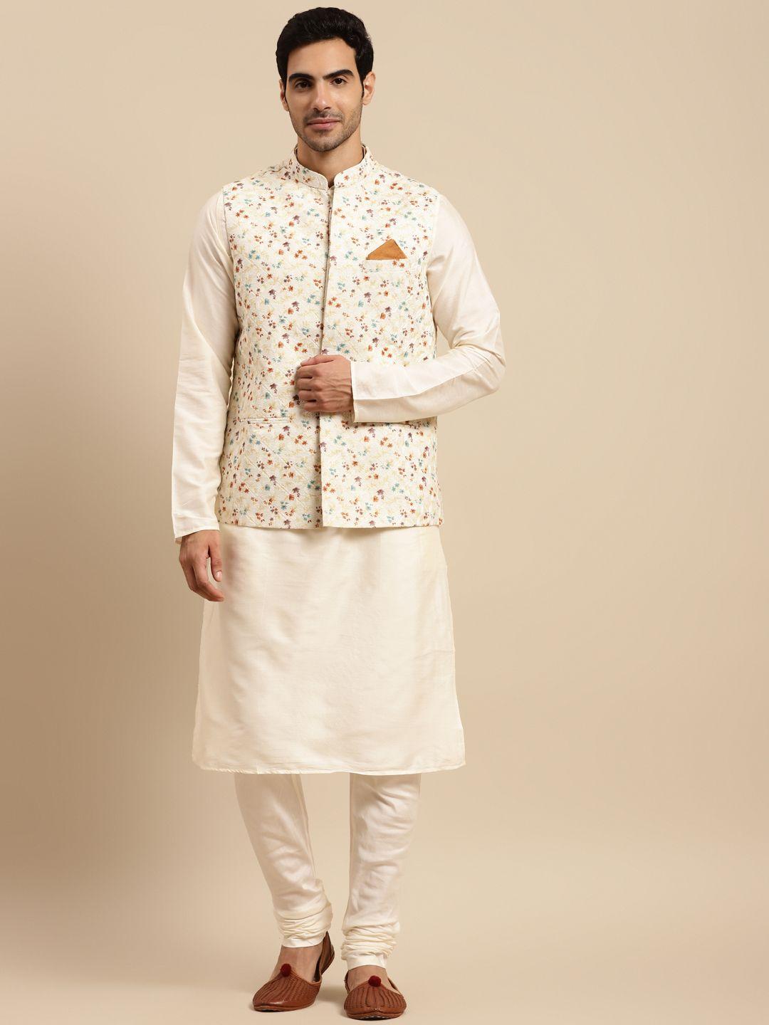 kisah men white kurta with churidar & nehru jacket