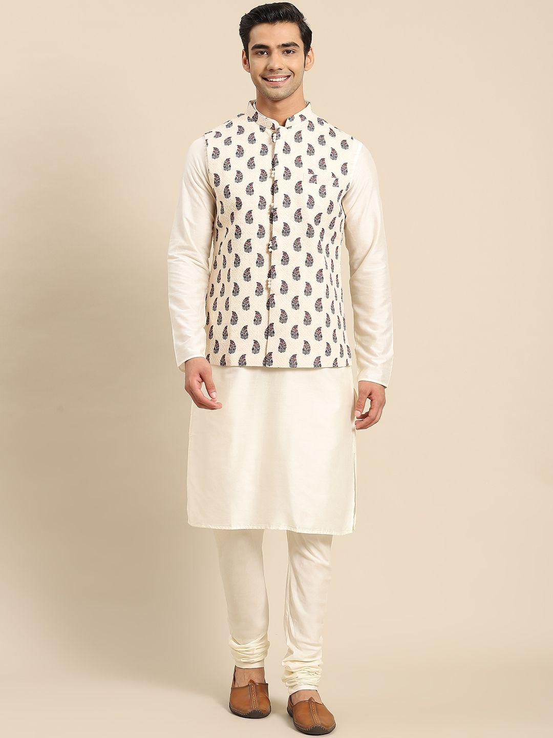 kisah men white paisley kurta with churidar & nehru jacket