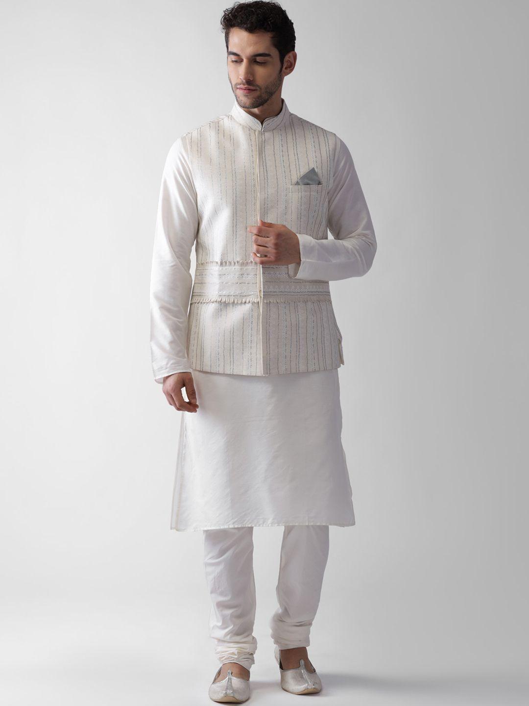 kisah men white regular kurta with pyjamas & jacket