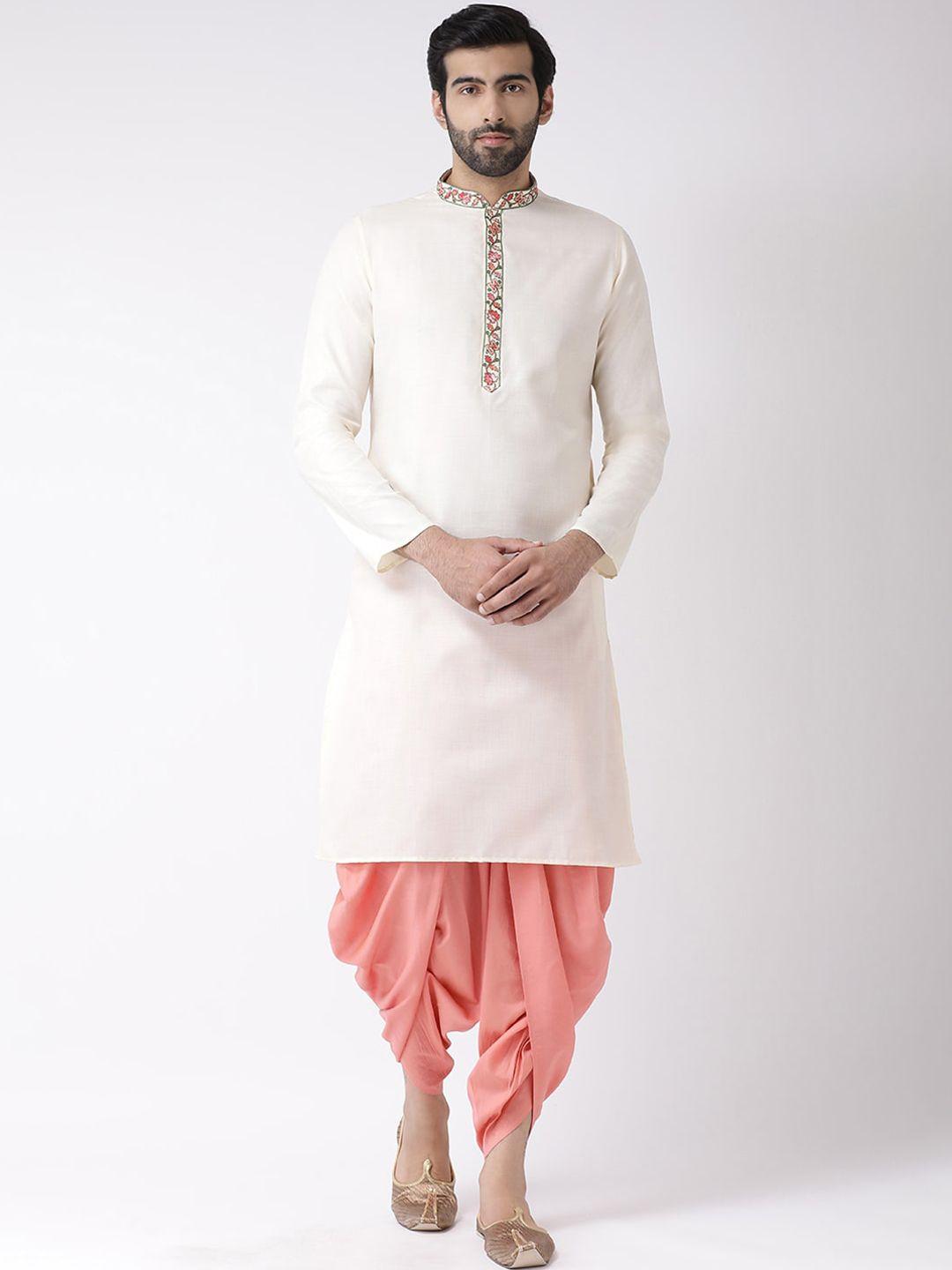 kisah men white solid cotton silk thread work kurta