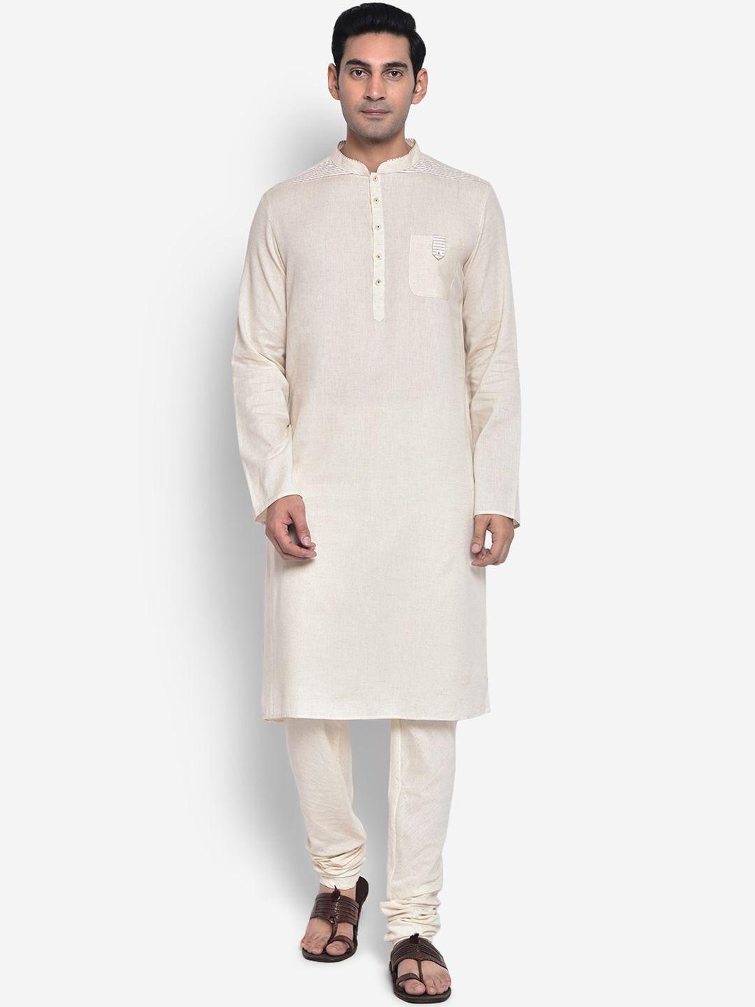 kisah men white solid mandarin collar cotton straight kurta