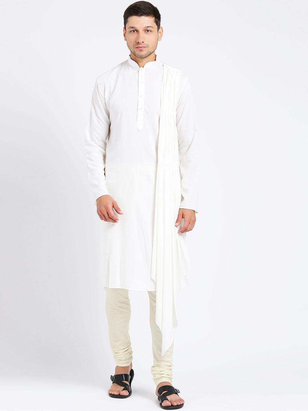 kisah men white solid straight kurta