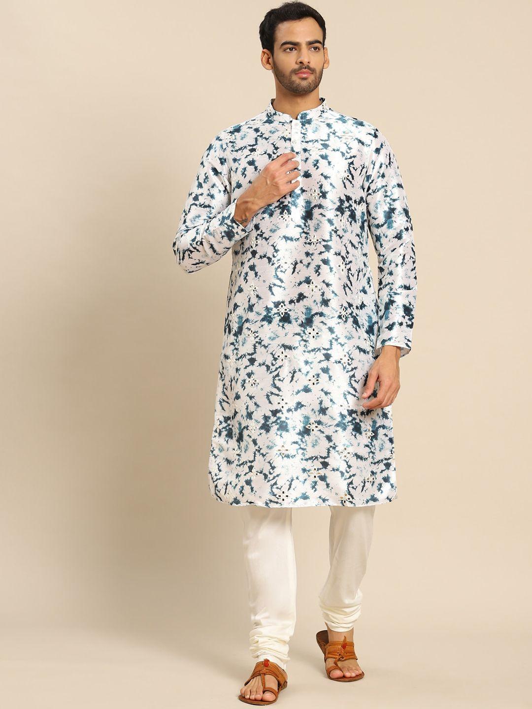 kisah men white thread work mandarin collar kurta