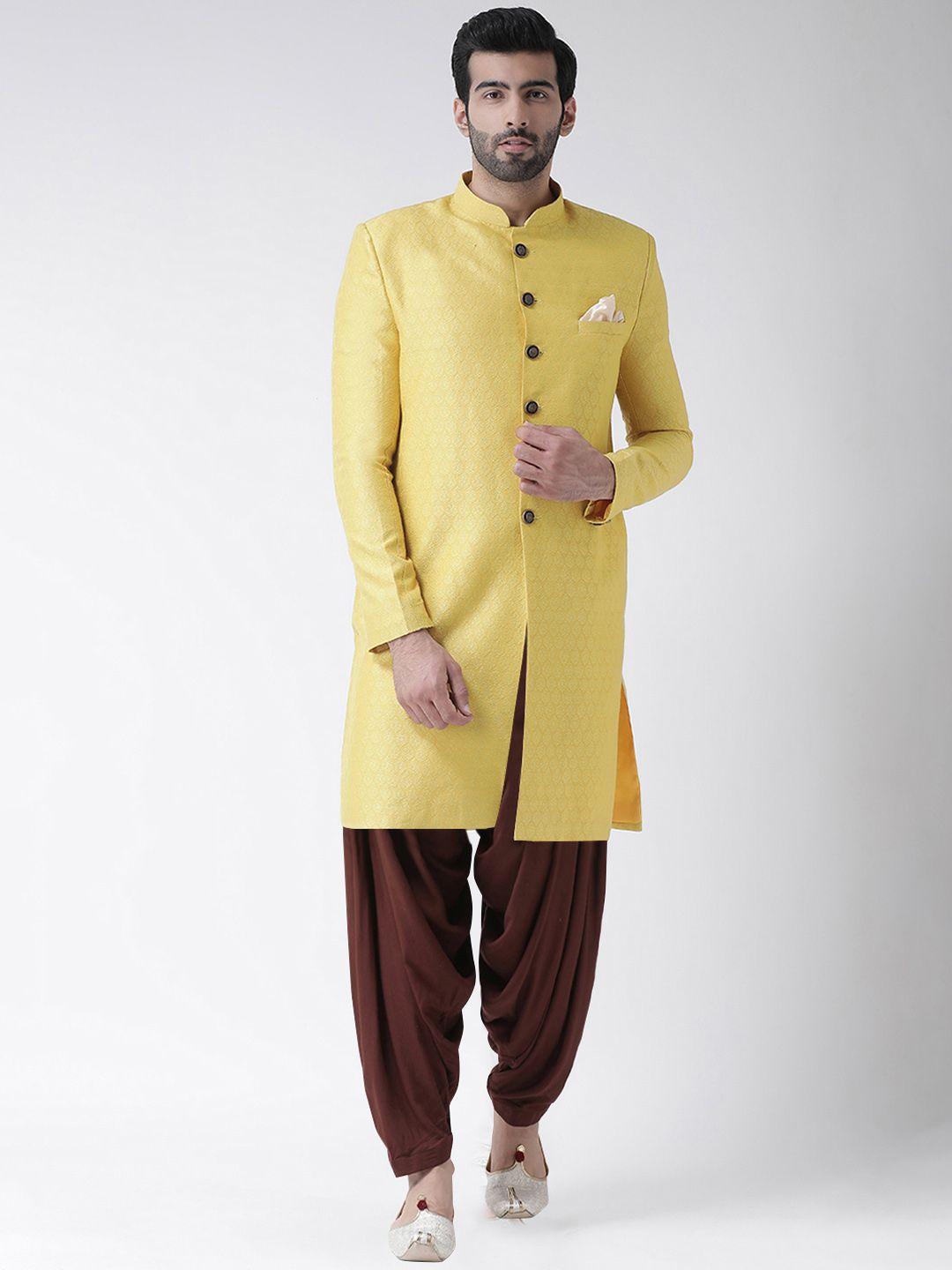 kisah men yellow & brown jacquard woven design sherwani set