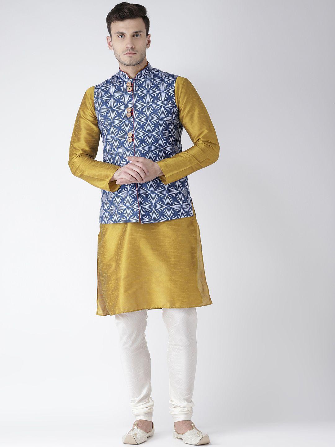 kisah men yellow & cream-coloured printed kurta with churidar