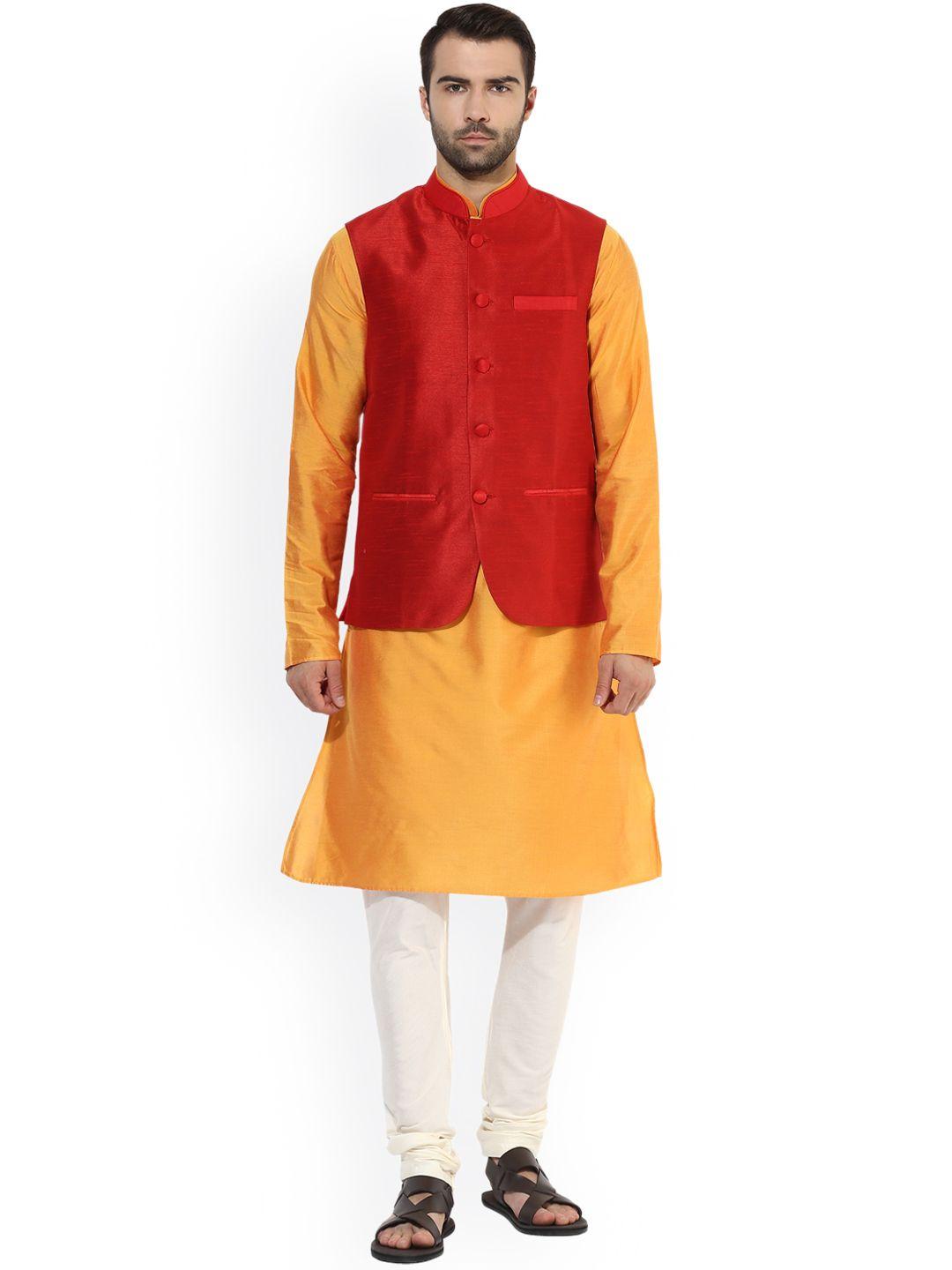 kisah men yellow & cream-coloured solid kurta with churidar & nehru jacket.
