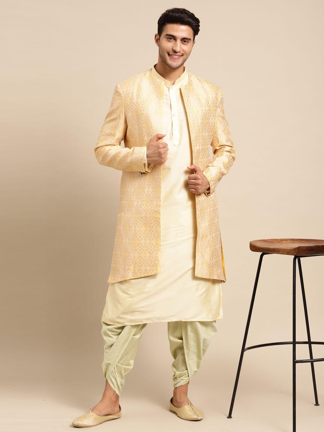kisah men yellow & green sherwani with dhoti pants & kurta