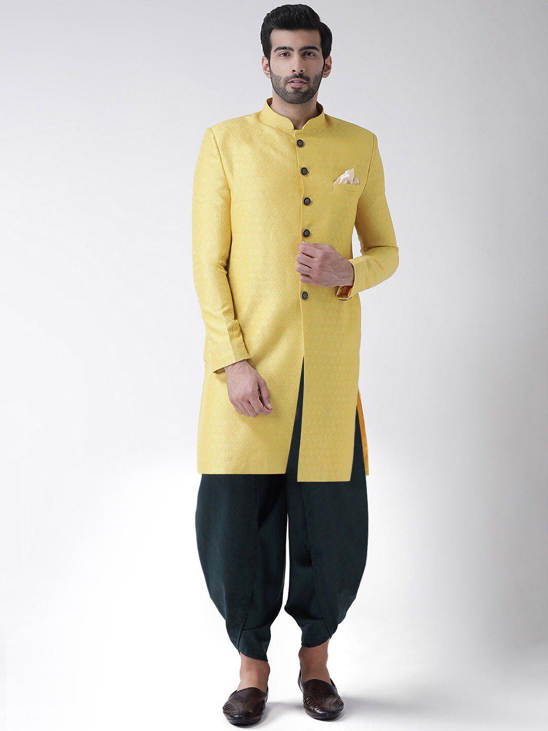 kisah men yellow & grey solid sherwani set