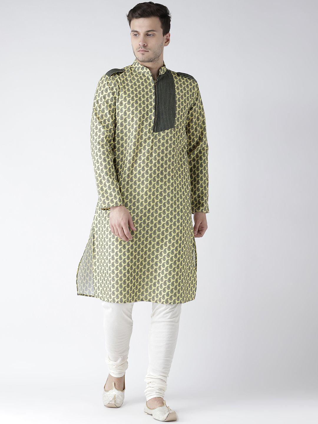 kisah men yellow & navy blue printed straight kurta