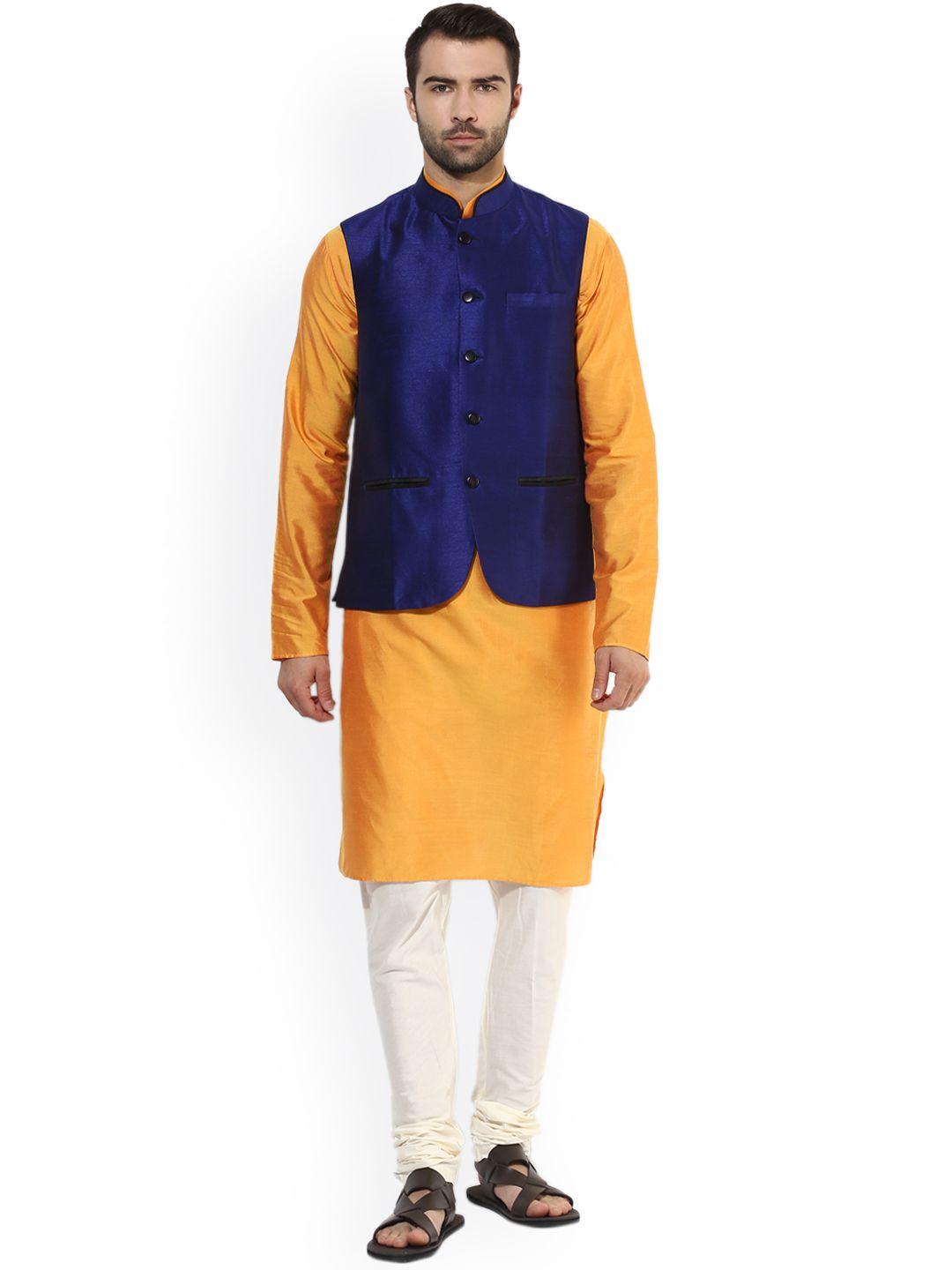 kisah men yellow & navy blue solid kurta with churidar and nehru jacket