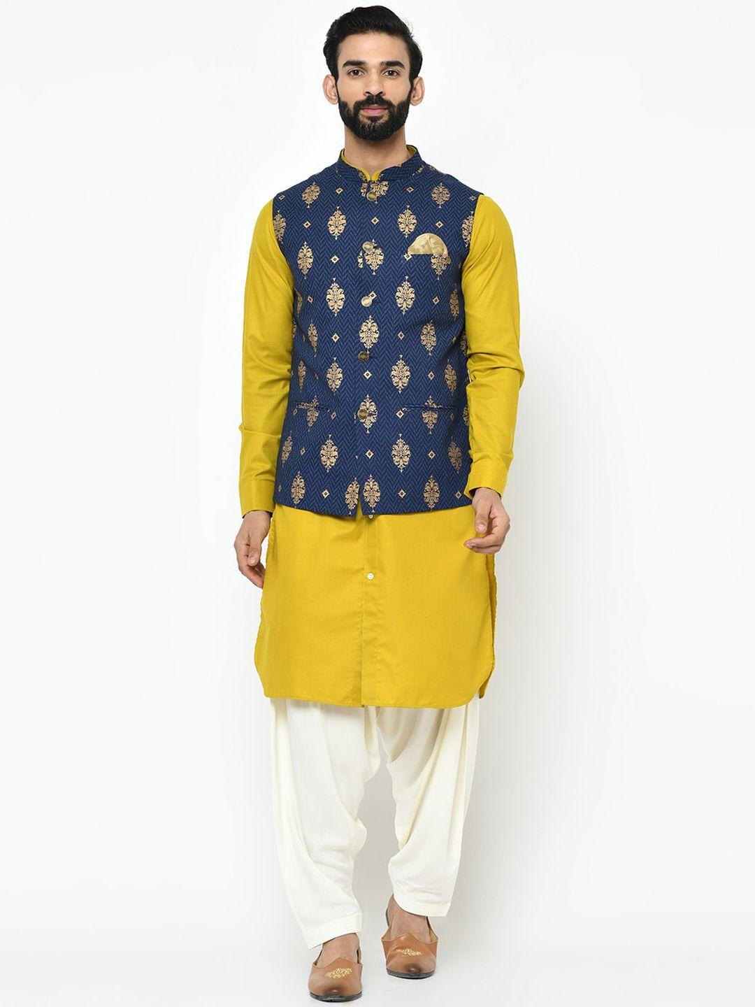 kisah men yellow & off-white solid kurta with patiala