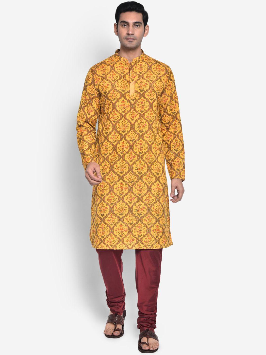 kisah men yellow & olive green ethnic motifs printed cotton kurta