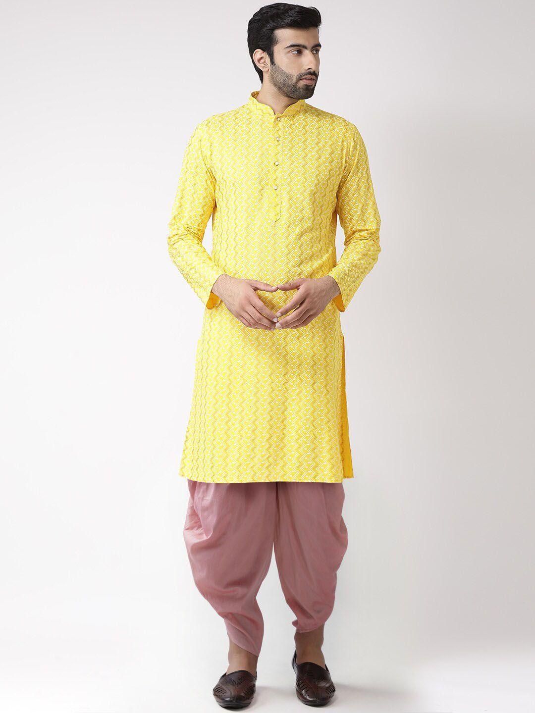 kisah men yellow & peach printed straight kurta with dhoti pants