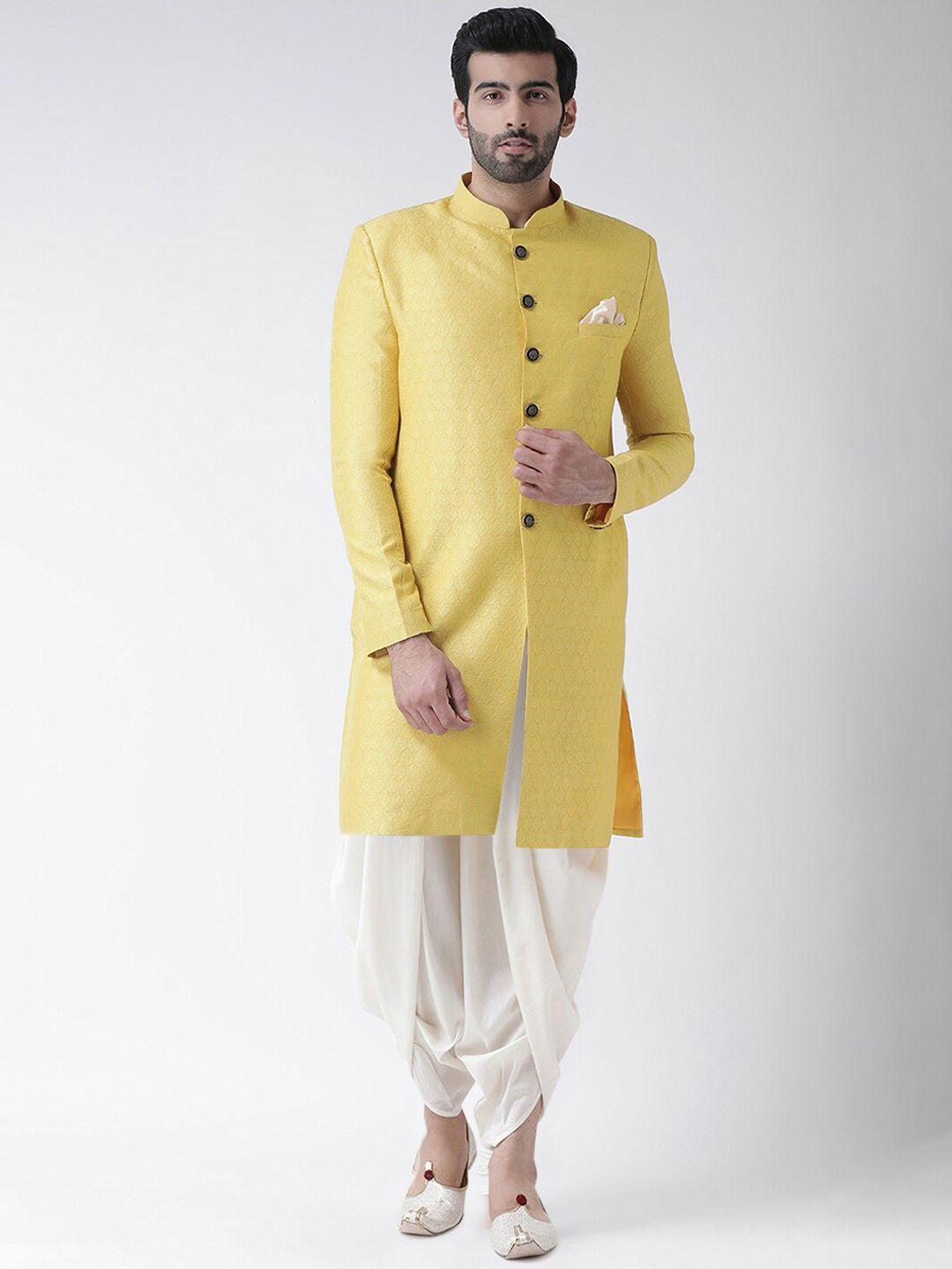 kisah men yellow & white printed cotton sherwani set