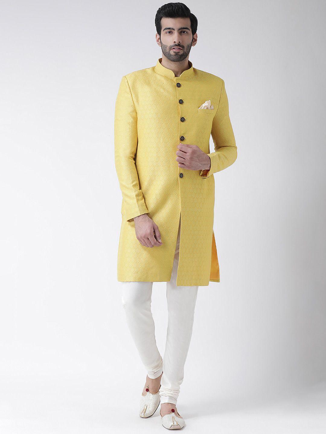 kisah men yellow & white self designed cotton sherwani set