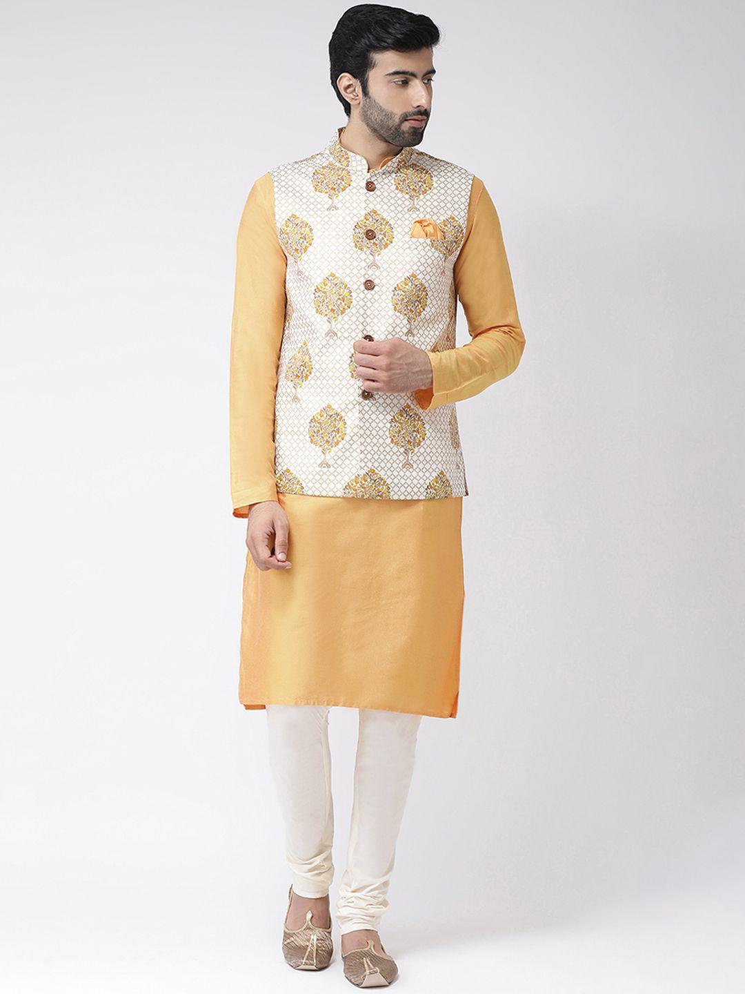 kisah men yellow & white solid handloom kurta with churidar & nehru jacket