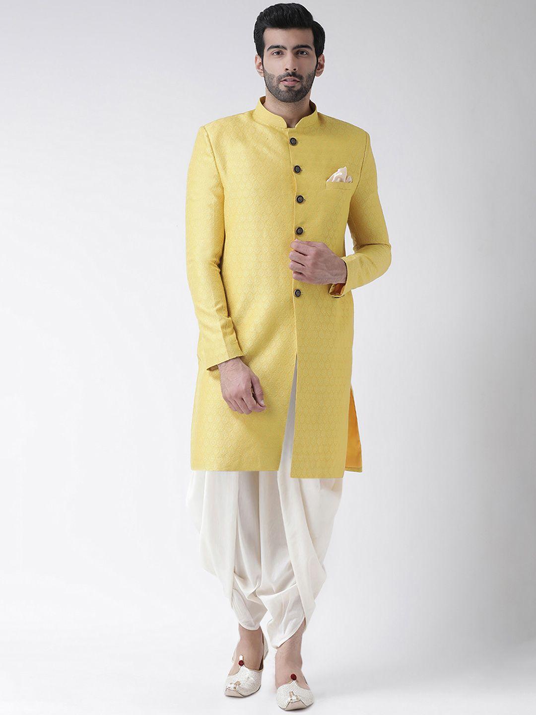 kisah men yellow & white woven design sherwani set