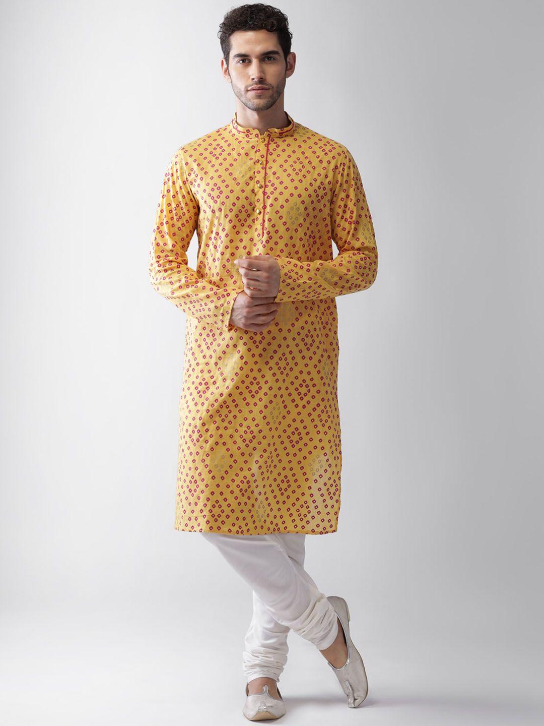 kisah men yellow ethnic motifs printed regular kurta with pyjamas