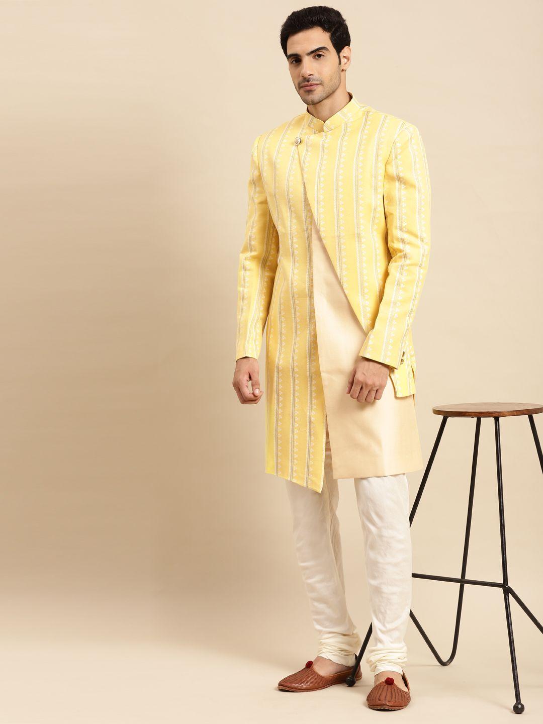 kisah men yellow printed cotton regular fit sherwani set