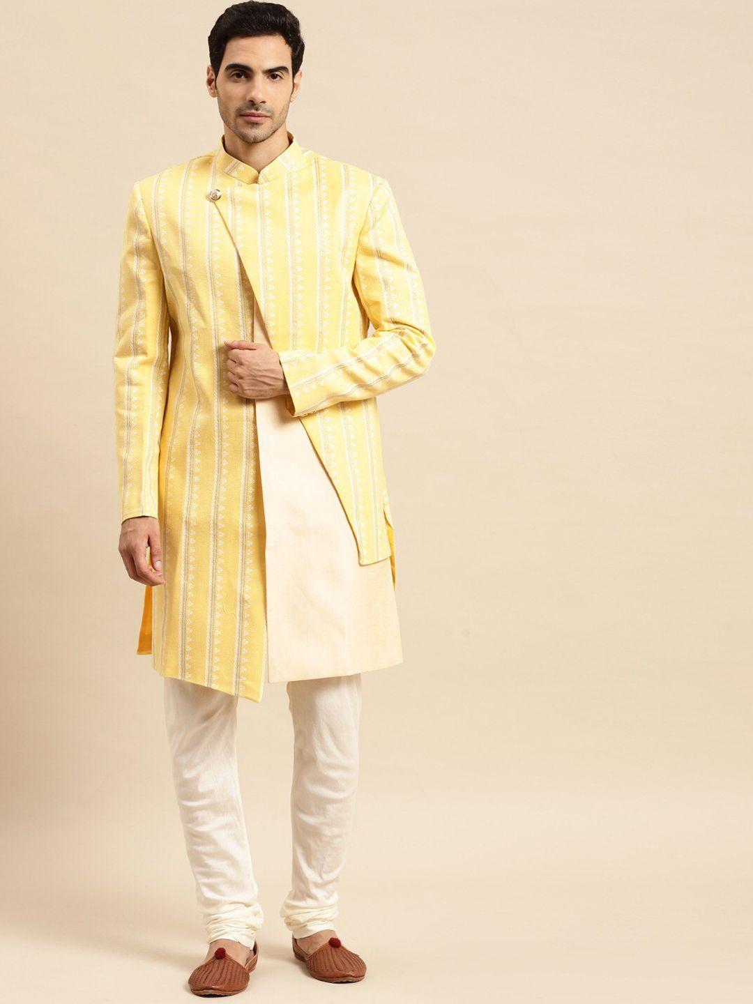 kisah men yellow self design sherwani set