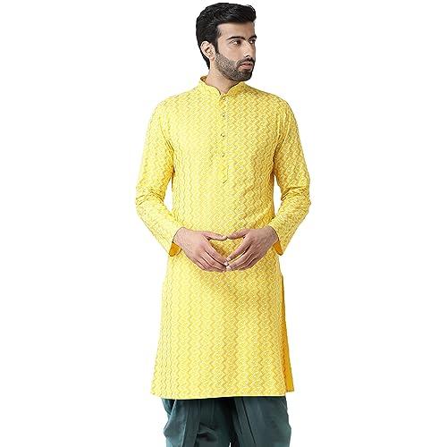 kisah men yellow white printed straight kurta full sleaves, knee length, straight, regular fit, mandarin collar ethnic wear