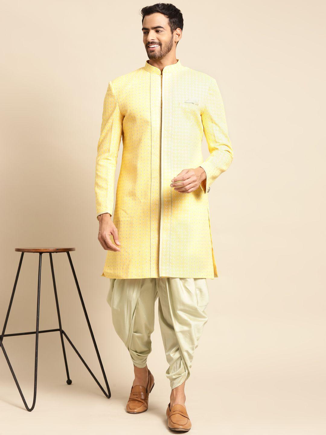 kisah men yellow woven design sherwani & dhoti pant set