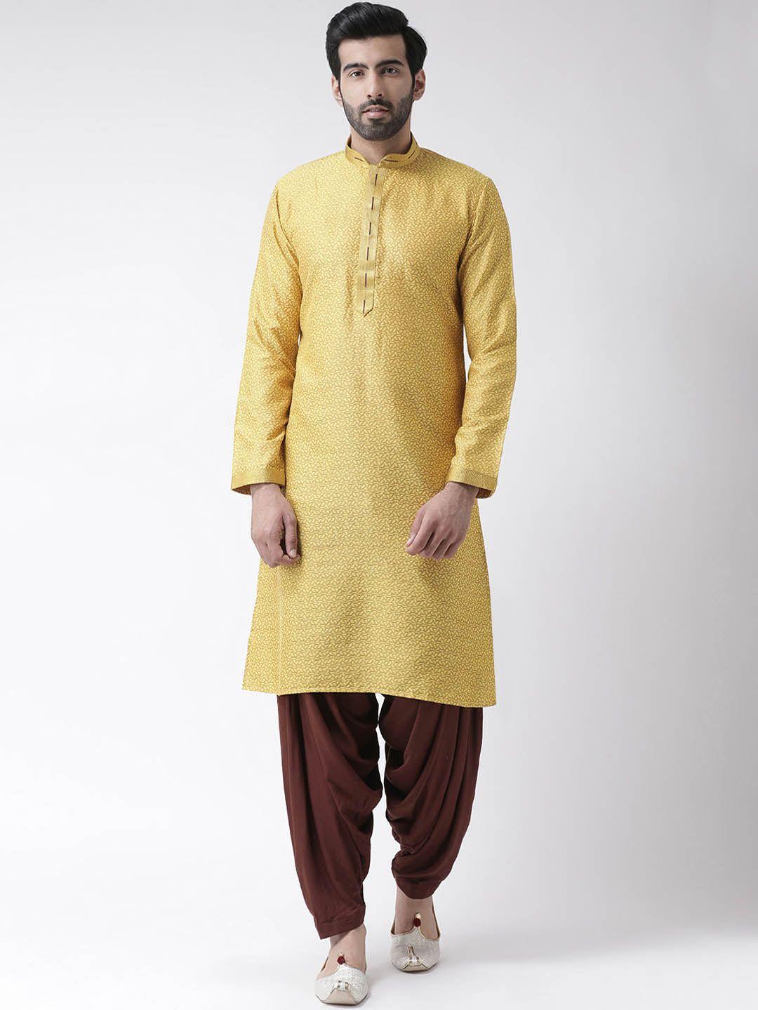 kisah men yellow woven design straight kurta