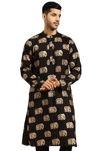 kisah mens kurta, cotton blend foil print mandarin collar long sleeves, black ethnic wear for men, 42