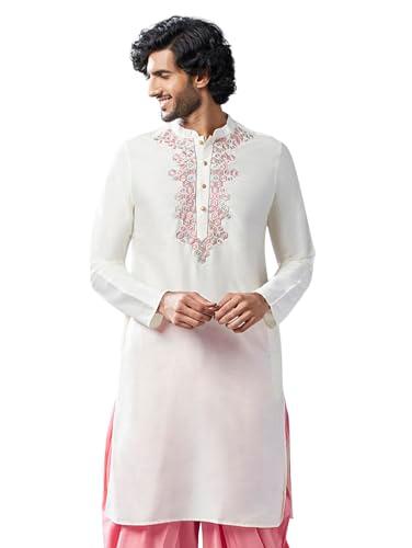 kisah mens kurta, cotton blend solid dyed mandarin collar long sleeves, off white ethnic wear for men, 40