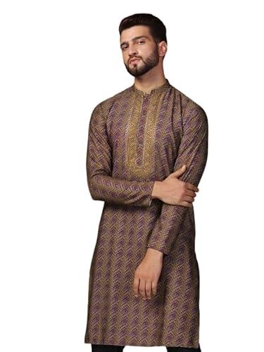 kisah mens kurta, purple cotton blend, embroidered regular fit mandarin collar long sleeves (m)