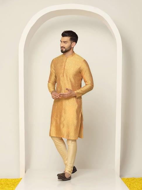 kisah mustard & beige regular fit self design kurta & churidar set