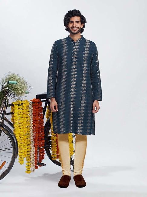 kisah navy & beige regular fit embroidered kurta & churidar set