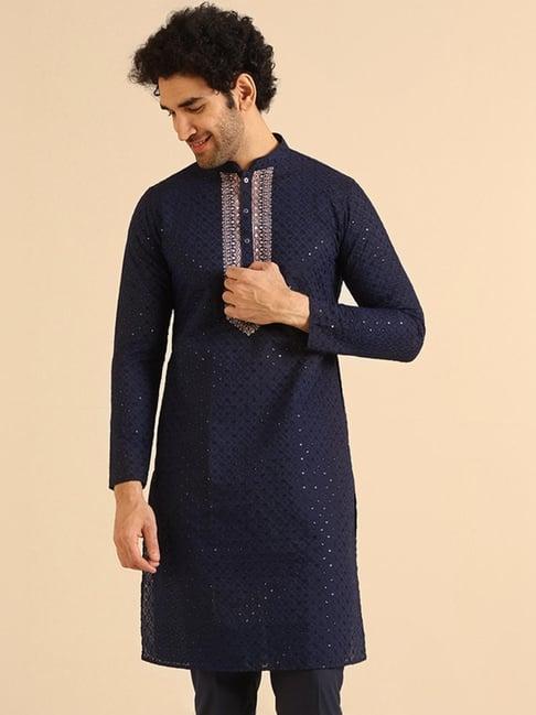 kisah navy regular fit embroidered kurta