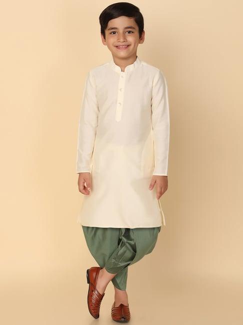 kisah off white & green solid full sleeves kurta with dhoti