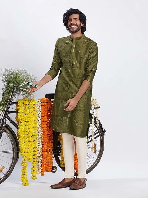 kisah olive & cream regular fit embellished kurta & churidar set