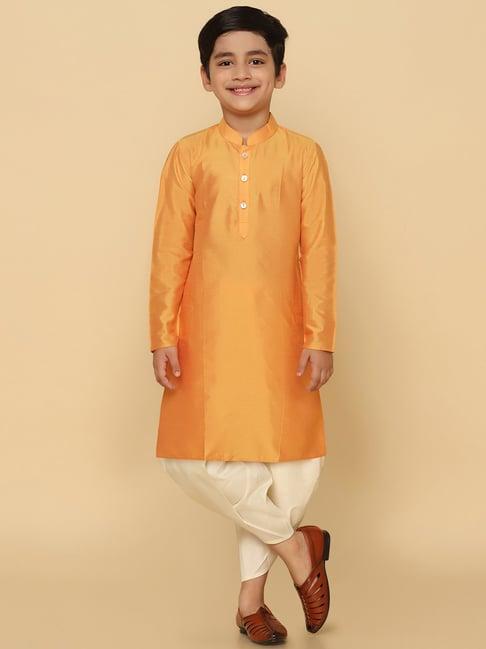 kisah orange & cream solid full sleeves kurta with dhoti