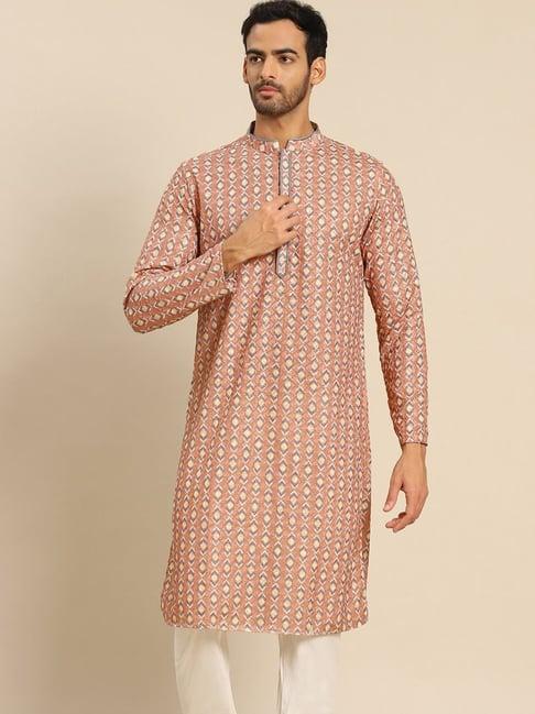 kisah peach cotton regular fit printed kurta