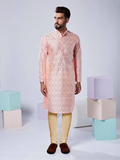 kisah pink & beige regular fit embellished kurta & churidar set