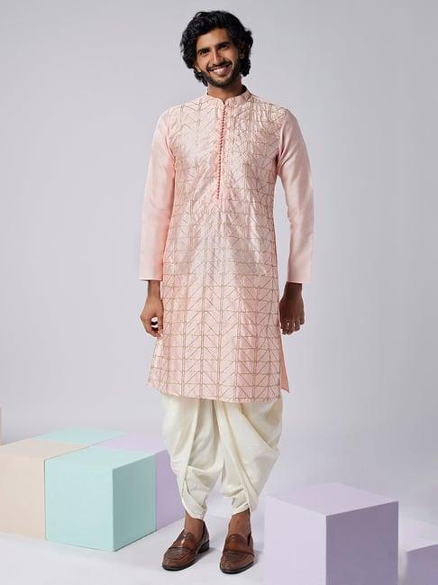 kisah pink & cream regular fit embellished kurta & dhoti set