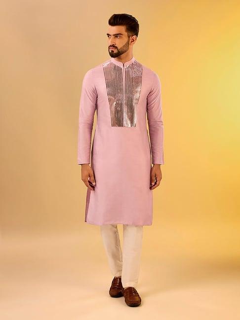 kisah pink & off white regular fit embellished kurta & pants set