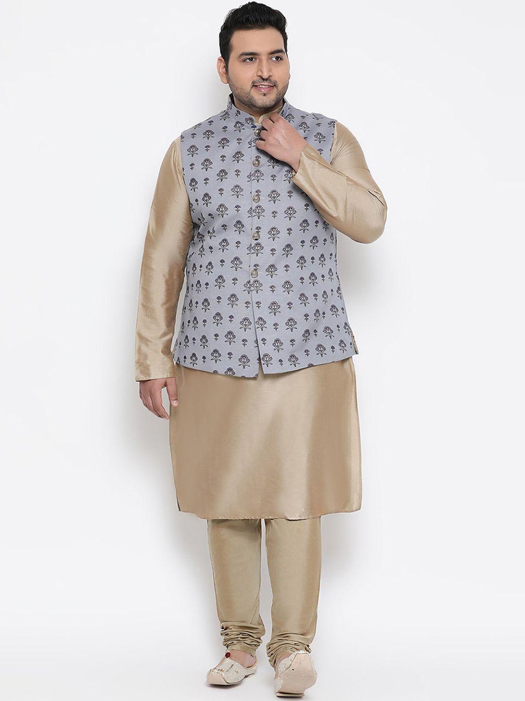 kisah plus men grey & khaki solid kurta with churidar & nehru jacket