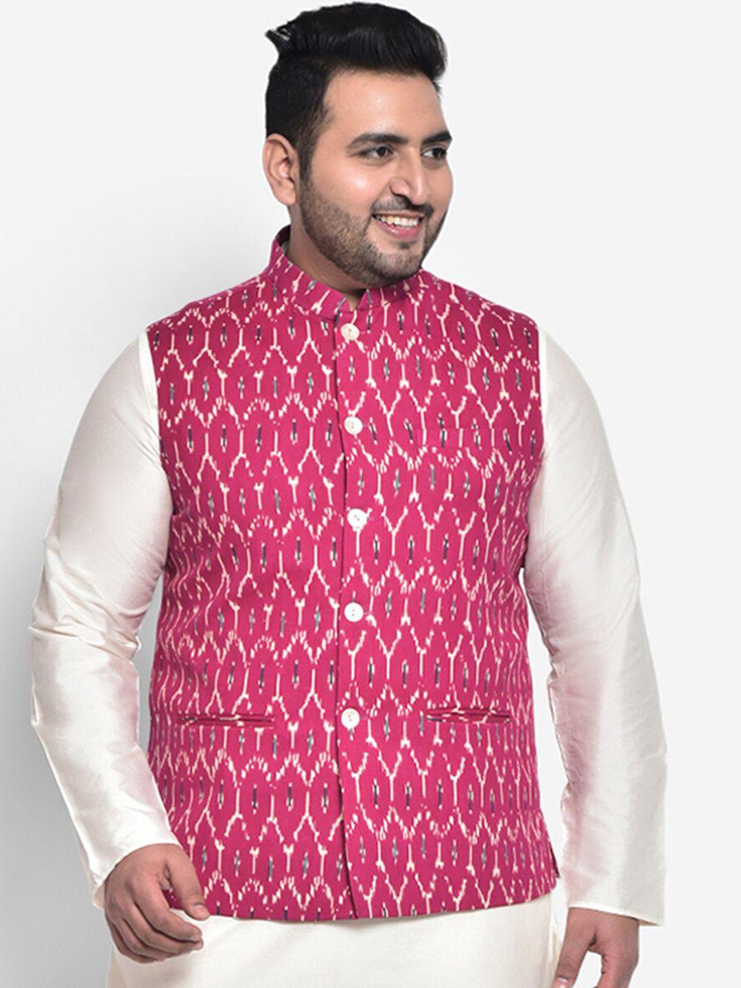 kisah plus men magenta pink printed nehru jackets