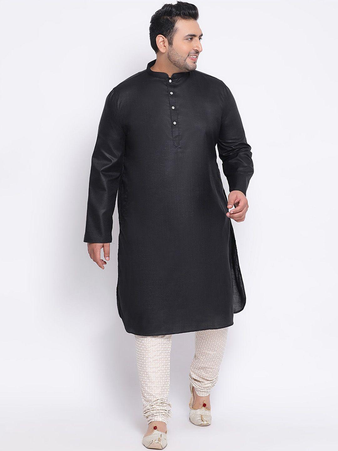 kisah plus men plus size black & white solid kurta with printed churidar